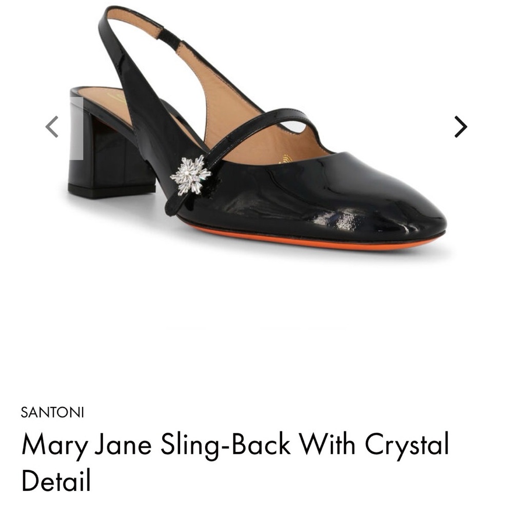Santoni Black Patent Mary Jane Slingback with Crystal Brooch size 7.5